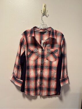 NWT Zac & Rachel button down long sleeve top business casual mixed fabric print